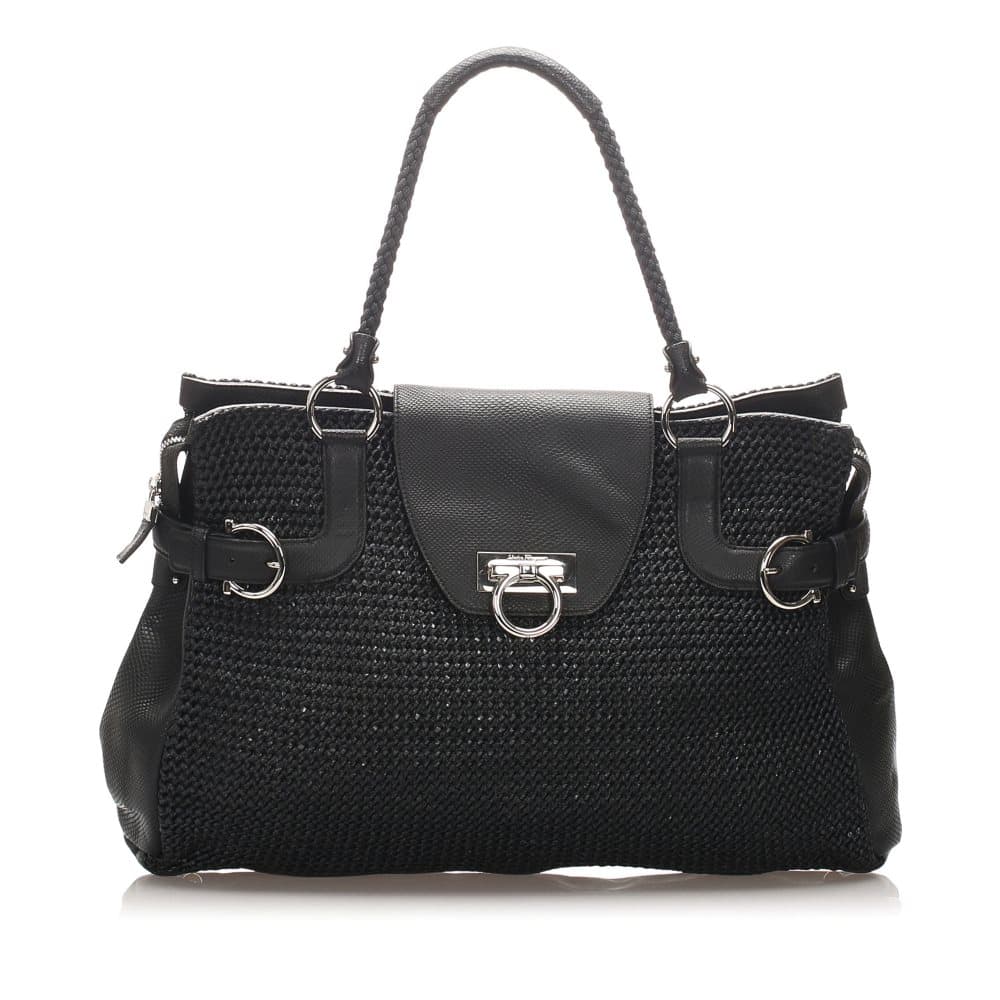 Ferragamo Gancini Straw Tote Bag Black
