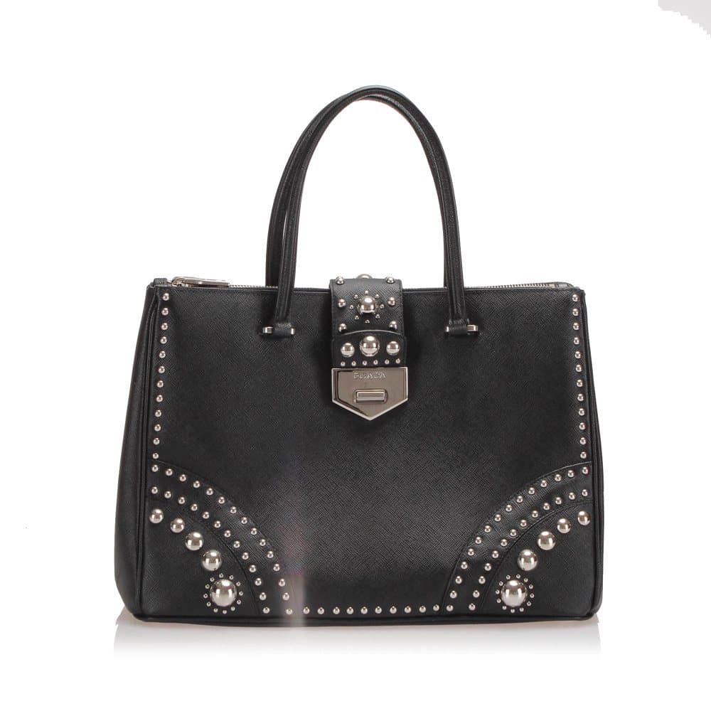 Prada Studded Saffiano Double Zip Tote Bag Black