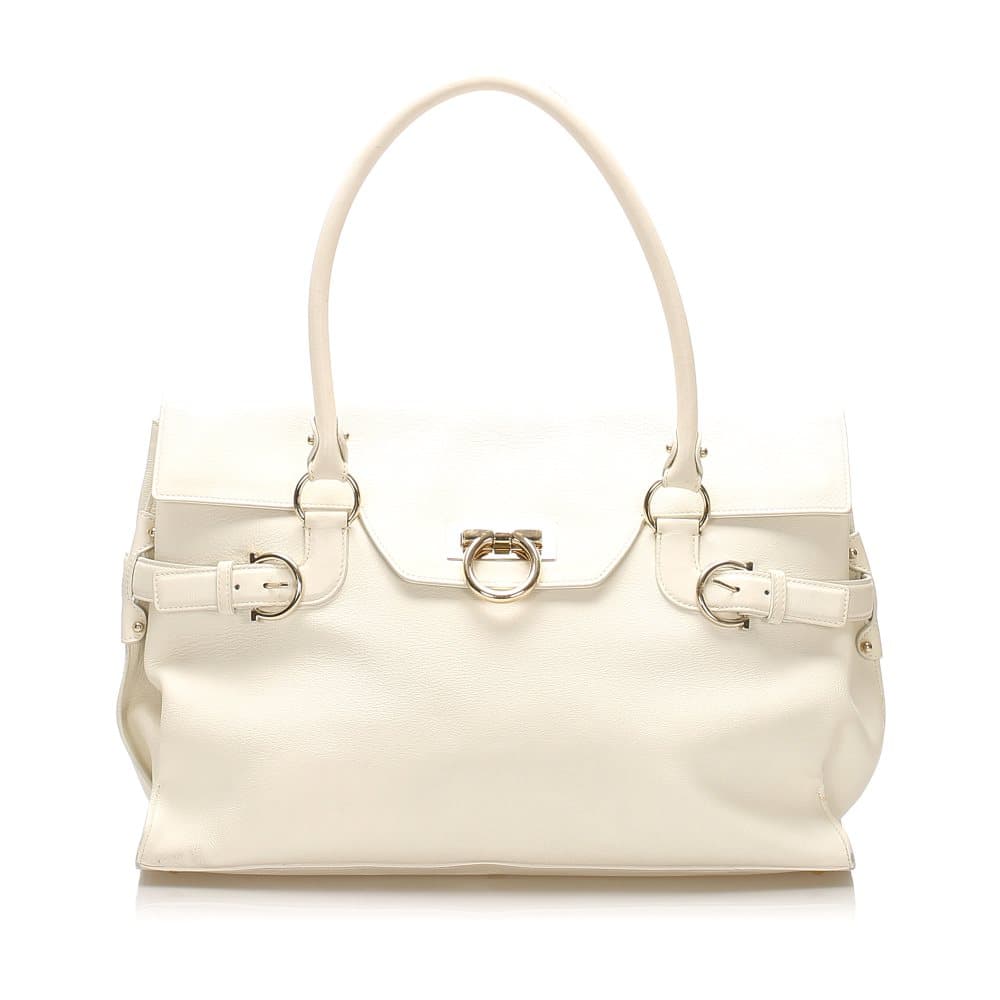 Ferragamo Gancini Leather Tote Bag White