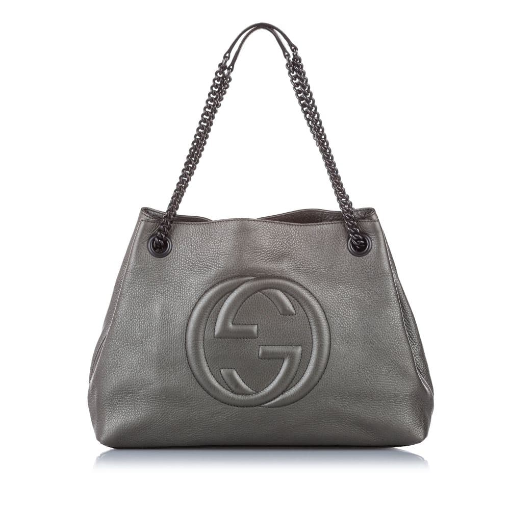 Gucci Soho Chain Leather Tote Bag Silver