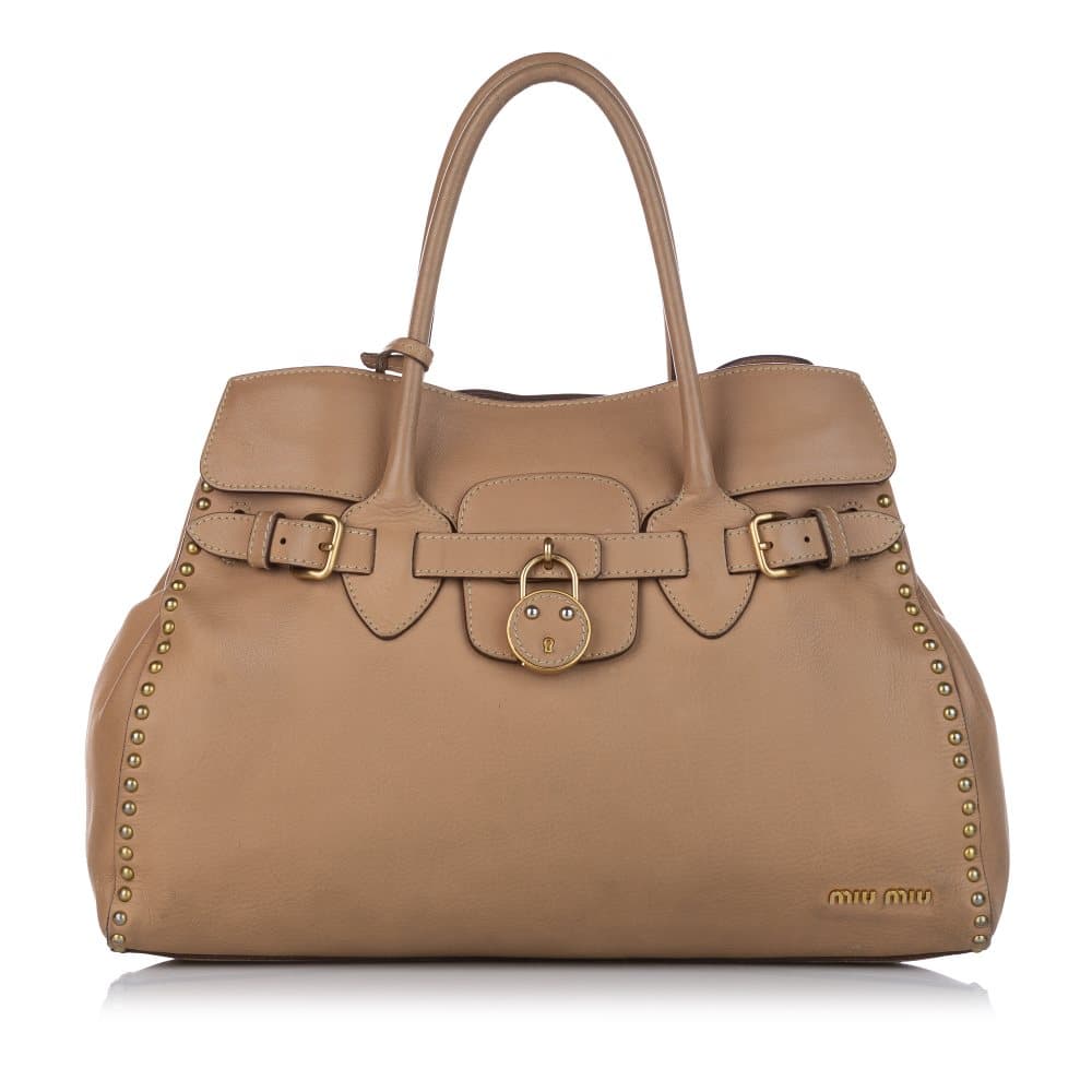 Pre-owned Miu Miu Studded Leather Tote Bag Brown
