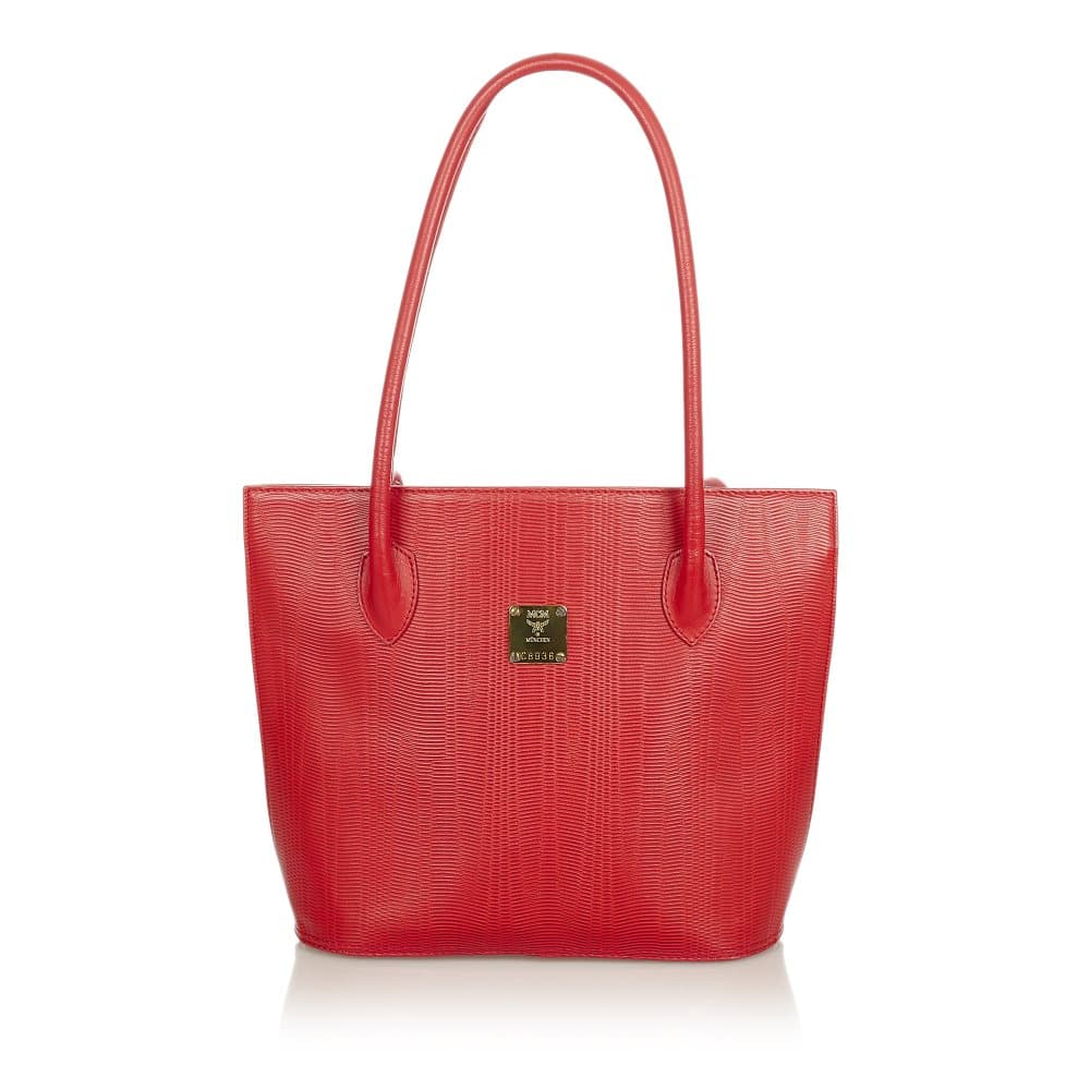 Pre-owned MCM Embossed Lizard Leather Tote Bag Red