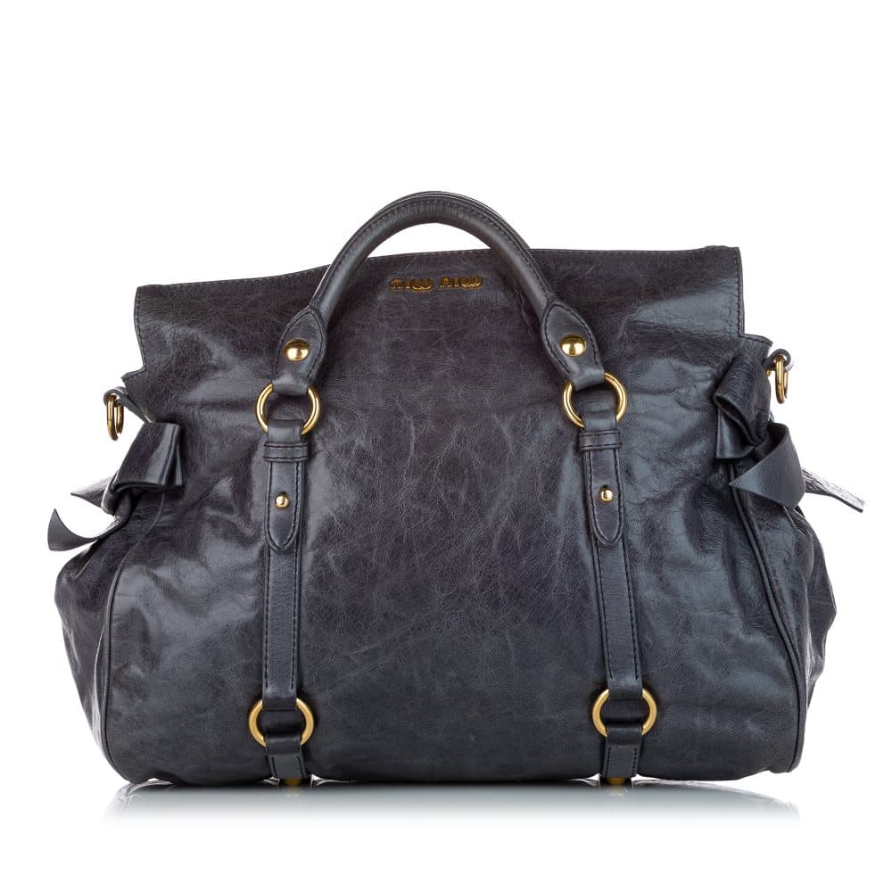 Pre-owned Miu Miu Vitello Lux Bow Tote Bag Black