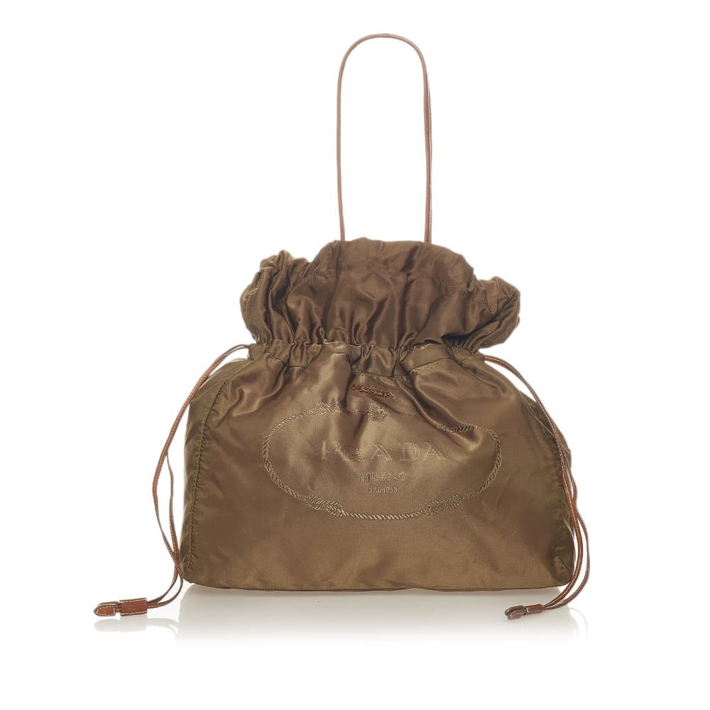 Pre-owned Prada Logo Tessuto Drawstring Tote Bag Brown