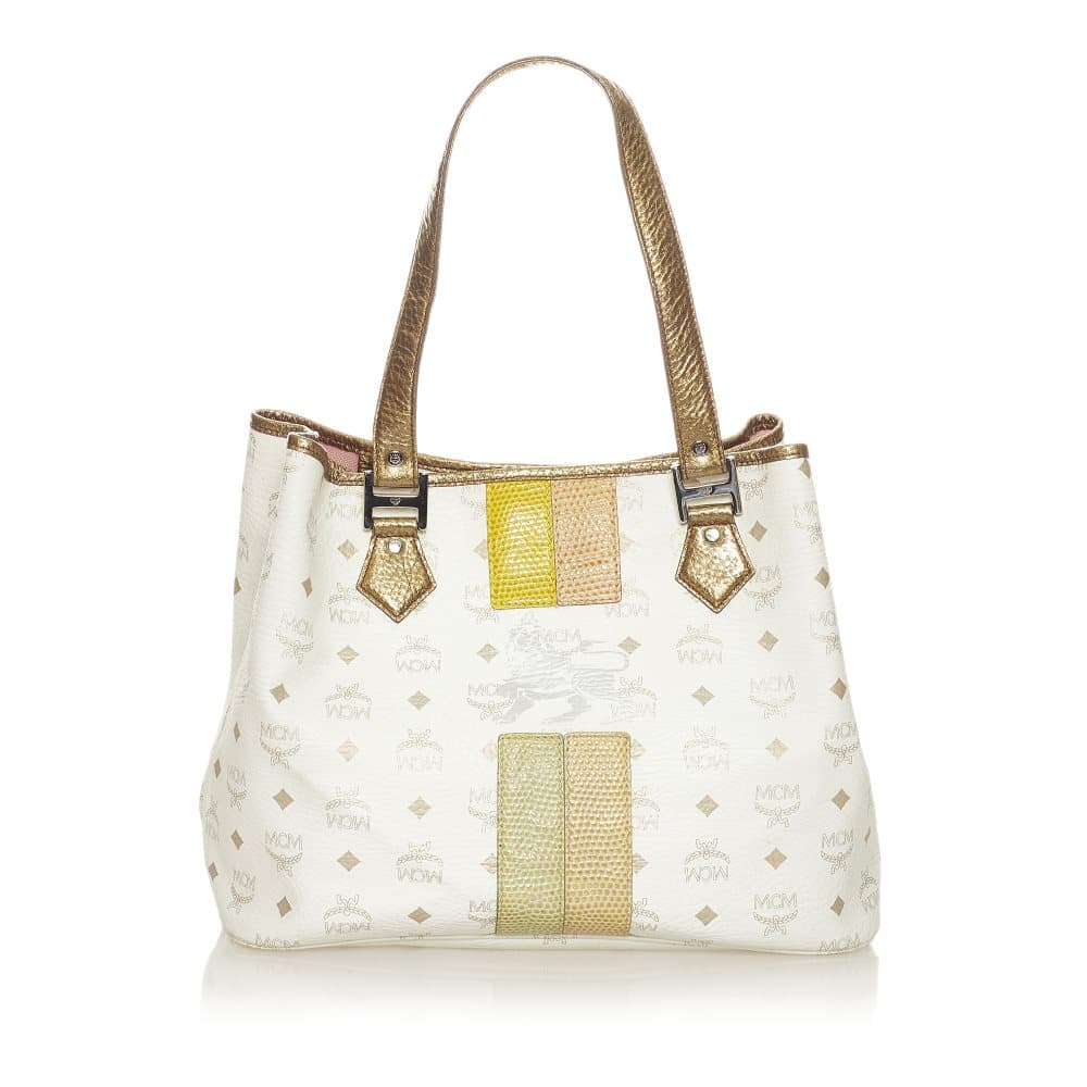 Pre-owned MCM Lion Visetos Leather Tote Bag White