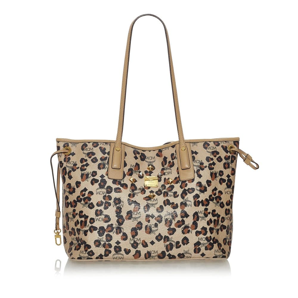 Pre-owned MCM Visetos Leopard Print Leather Tote Bag Brown