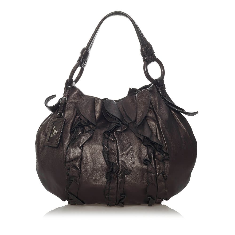 Pre-owned Prada Ruffled Leather Tote Bag Brown