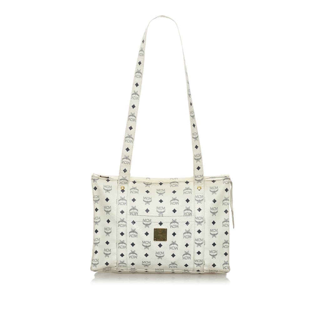 Pre-owned MCM Visetos Leather Tote Bag White