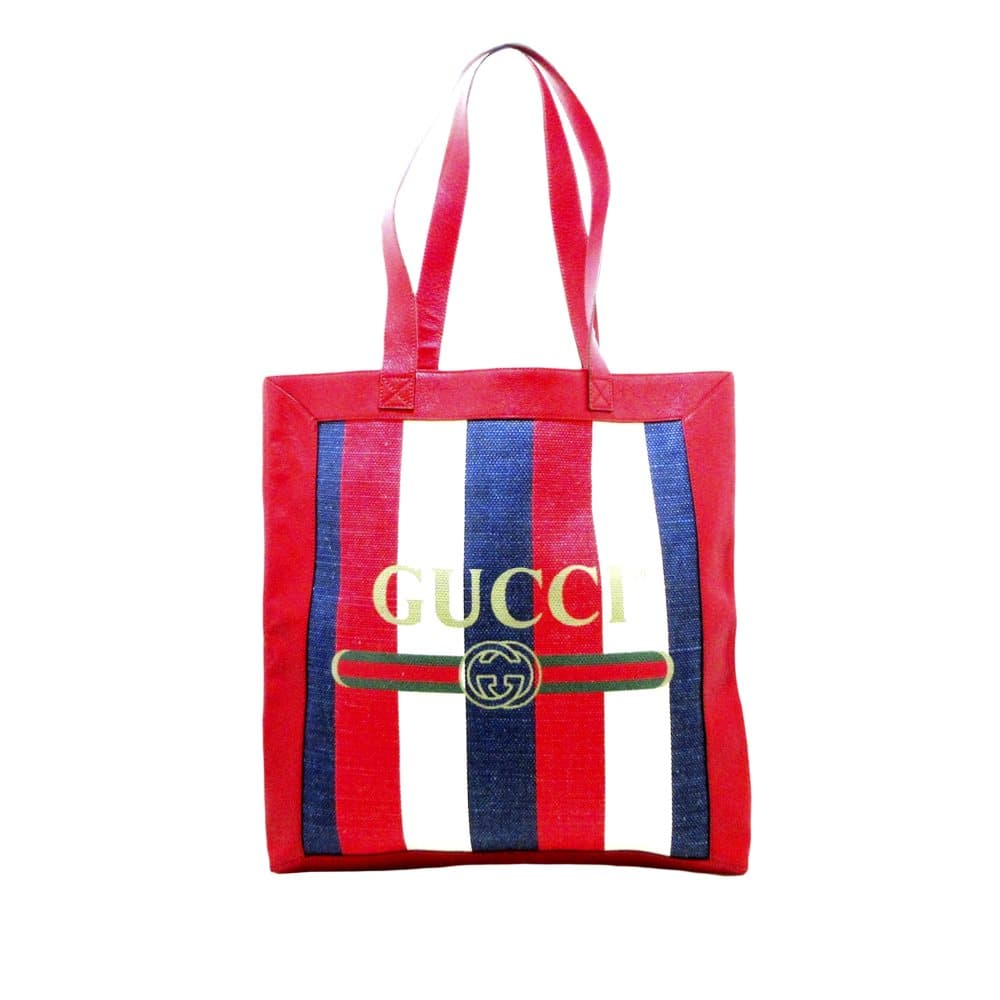 Pre-owned Gucci 2018 Logo Striped Canvas Tote Bag Red
