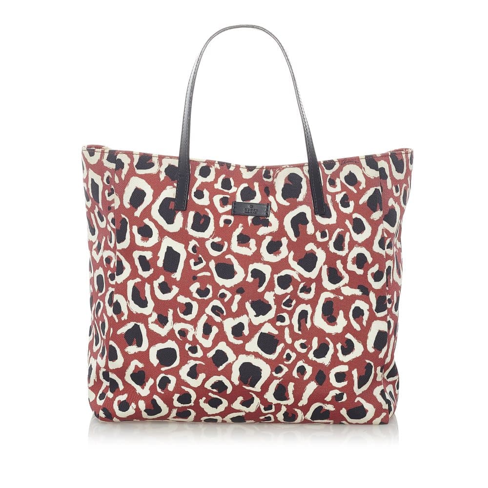 Pre-owned Gucci Leopard Printed Nylon Tote Bag Red