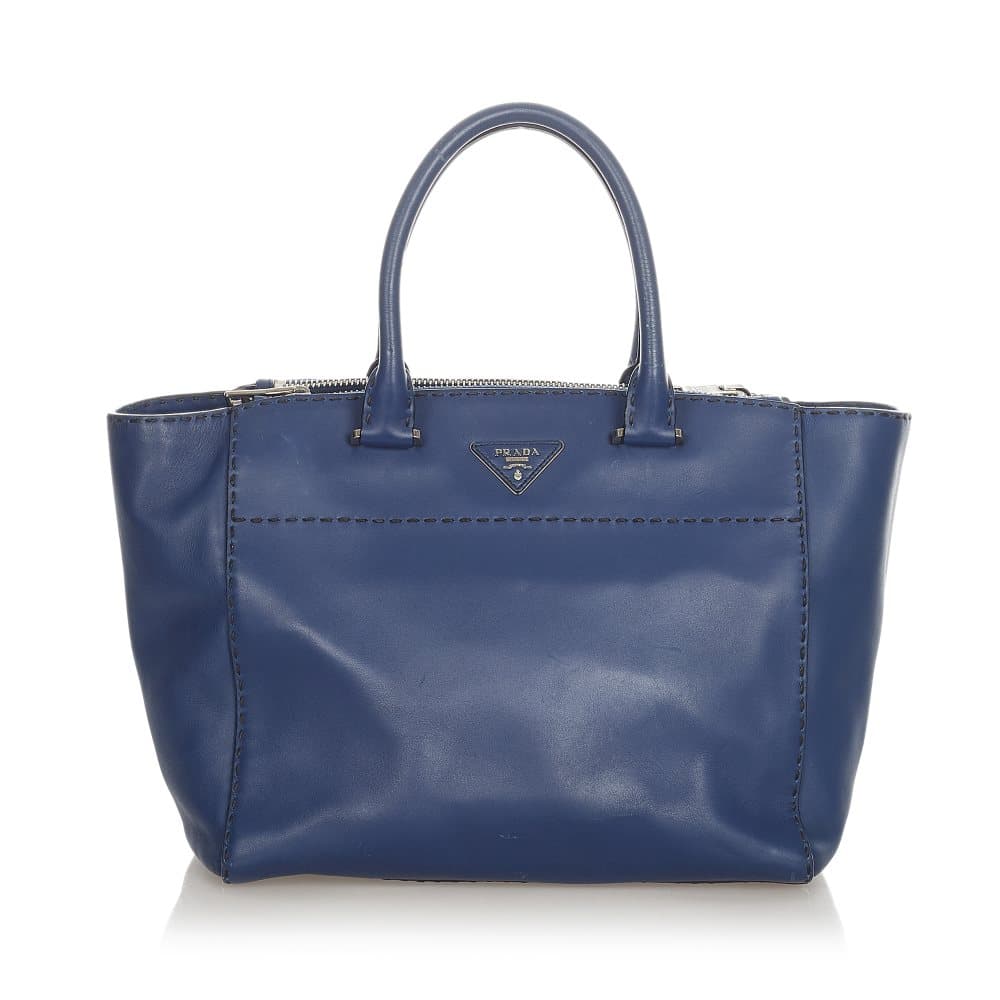 Pre-owned Prada Caflskin Stitched Tote Bag Blue