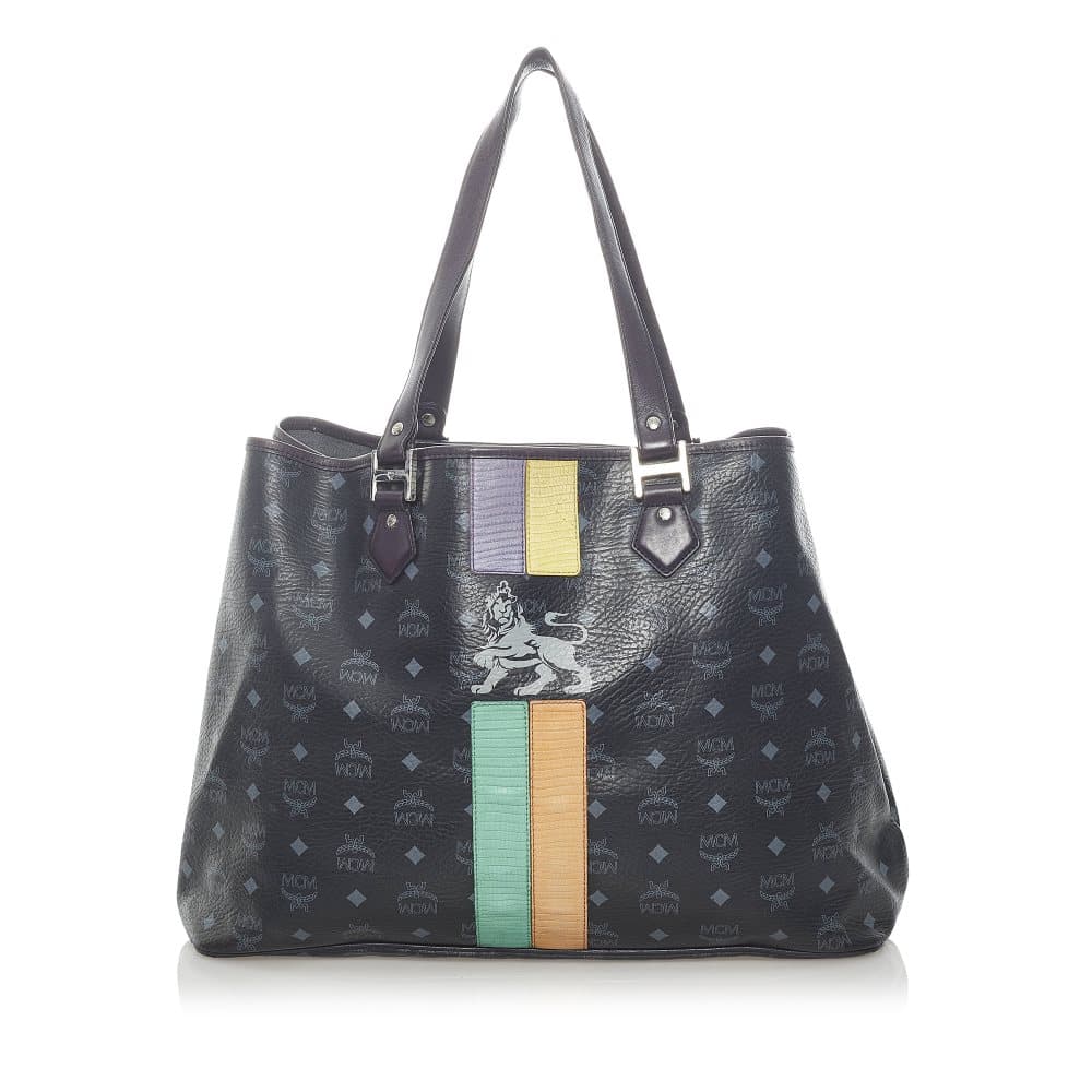 Pre-owned MCM Lion Visetos Leather Tote Bag Black