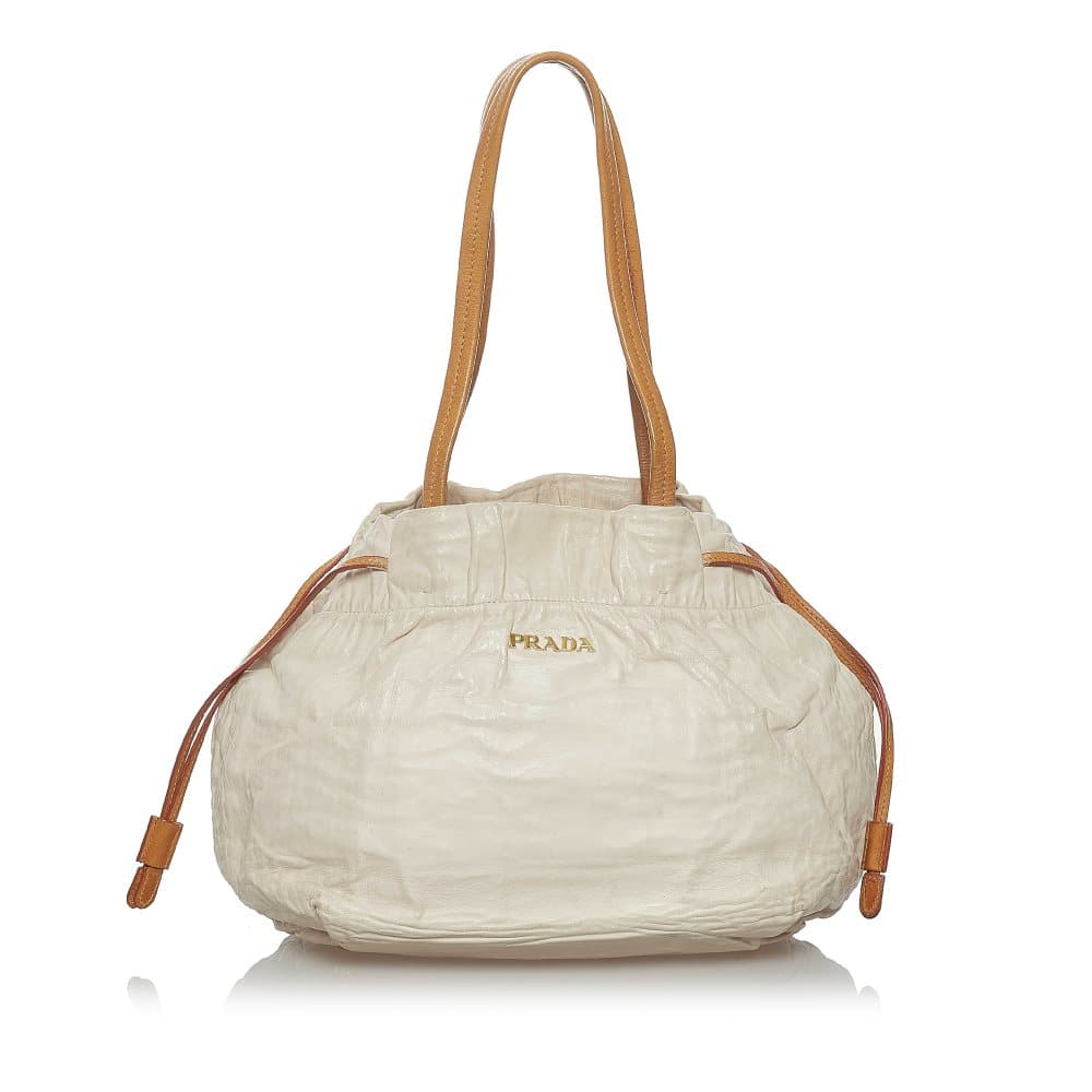 Pre-owned Prada Leather Drawstring Tote Bag White