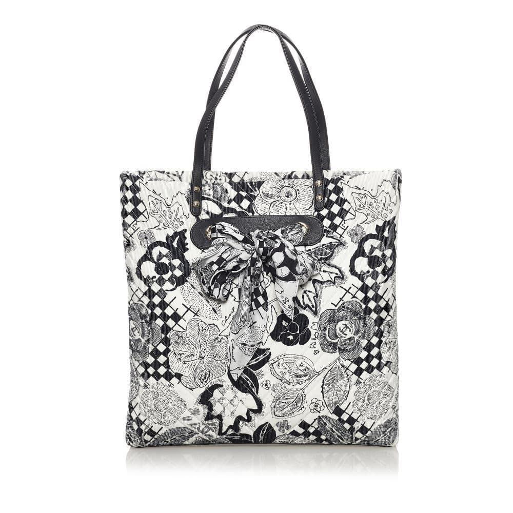 Pre-owned Chanel Camellia Corduroy Shopping Tote Bag White