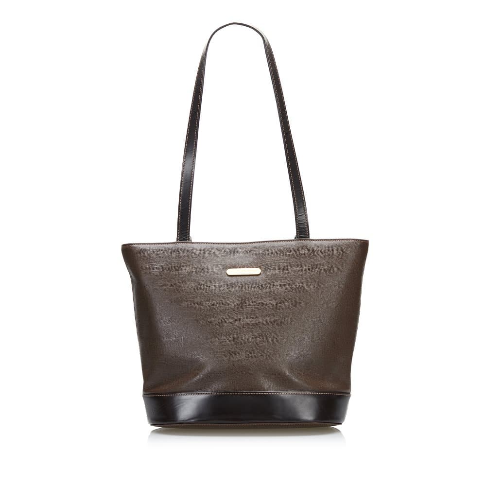 Pre-owned Burberry Leather Checked Tote Bag Brown