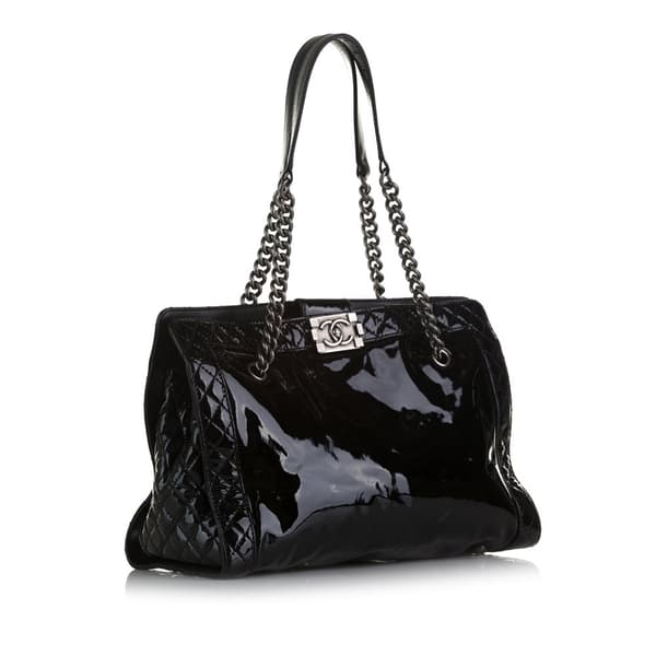 Pre-owned Chanel Patent Boy Reverso Shopping Tote Black