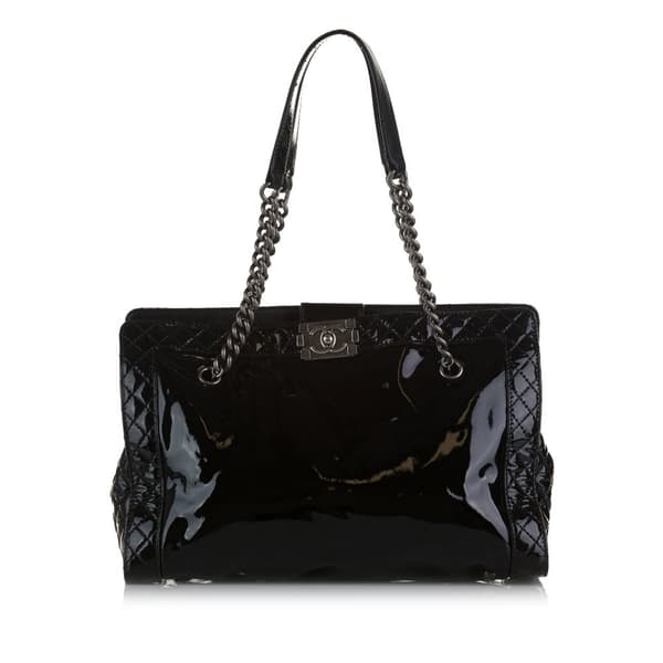 Pre-owned Chanel Patent Boy Reverso Shopping Tote Black