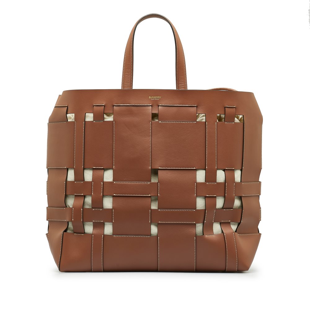image of Pre-owned Burberry Foster Woven Leather Tote Brown