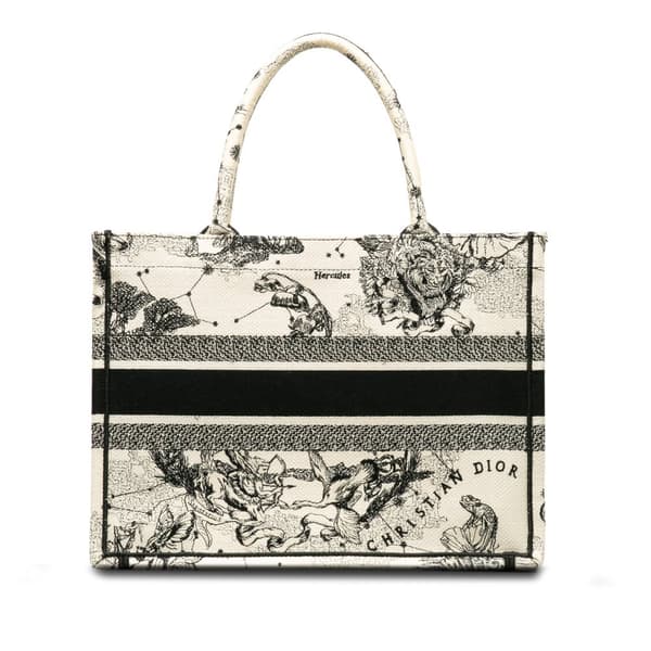 Pre-owned Dior Small Canvas Embroidered Zodiac Toile De Jouy Book Tote White