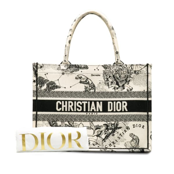 Pre-owned Dior Small Canvas Embroidered Zodiac Toile De Jouy Book Tote White