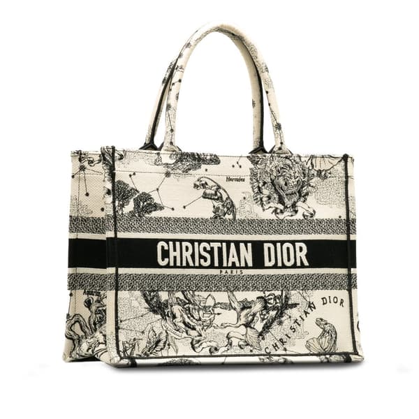 Pre-owned Dior Small Canvas Embroidered Zodiac Toile De Jouy Book Tote White