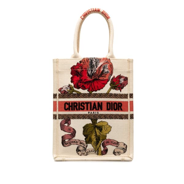 Pre-owned Dior Fleurs Bibliques Embroidery Vertical Book Tote Brown