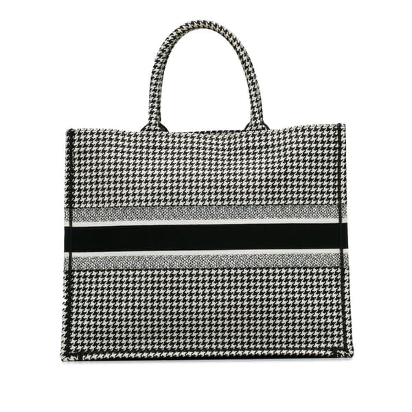 Pre-owned Dior Large Canvas Houndstooth Embroidered Book Tote Black