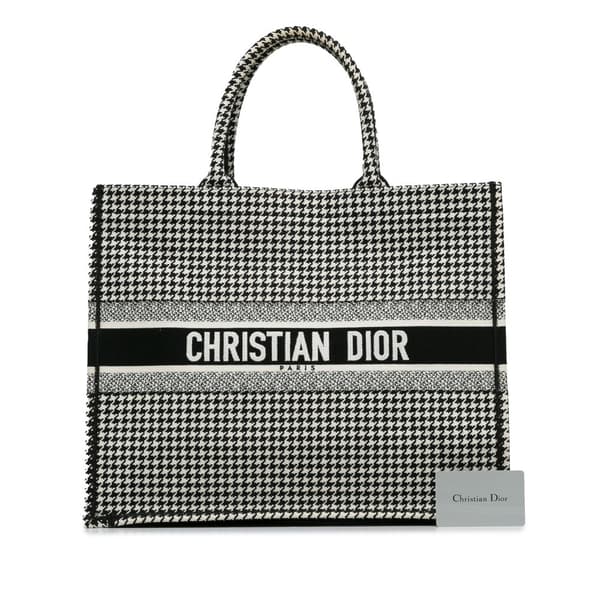 Pre-owned Dior Large Canvas Houndstooth Embroidered Book Tote Black