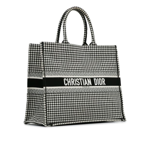 Pre-owned Dior Large Canvas Houndstooth Embroidered Book Tote Black