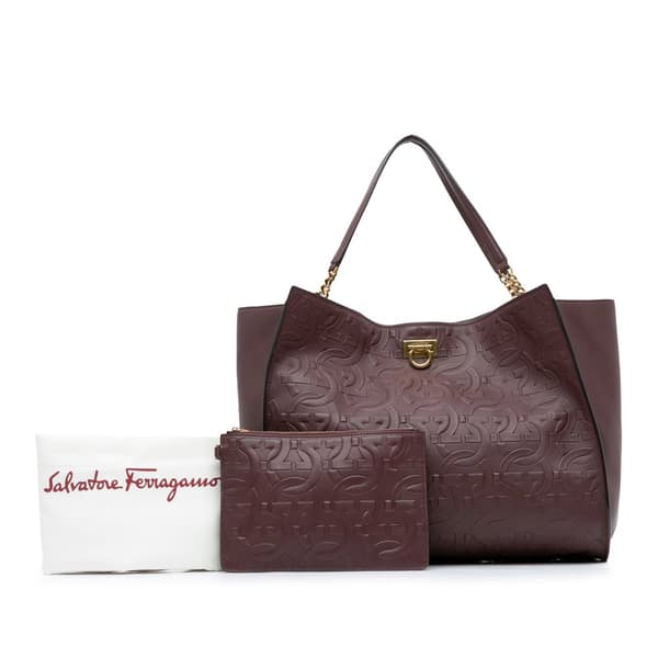 Pre-owned Ferragamo Gancini Embossed Trifolio Tote Bag Red