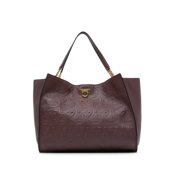 Pre-owned Ferragamo Gancini Embossed Trifolio Tote Bag Red