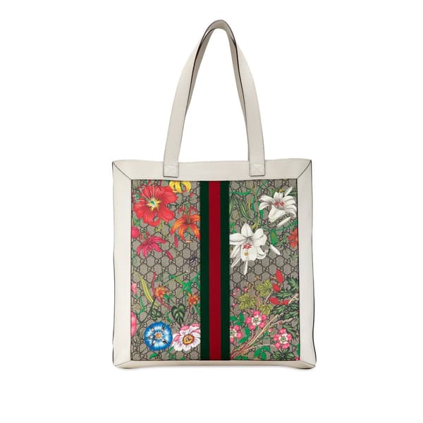 Pre-owned Gucci GG Supreme Flora Ophidia Tote White