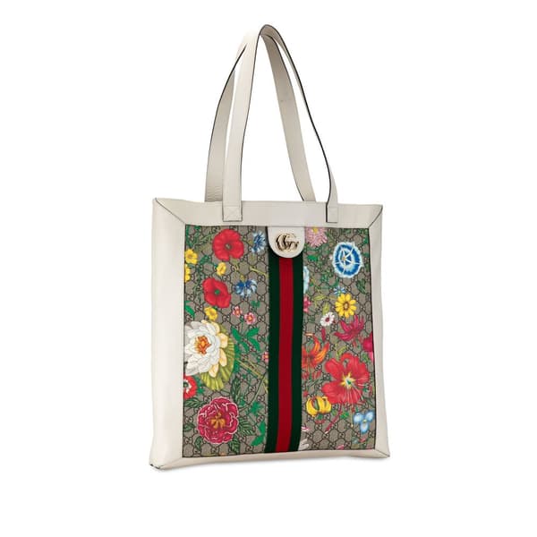 Pre-owned Gucci GG Supreme Flora Ophidia Tote White