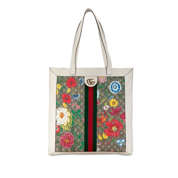 Pre-owned Gucci GG Supreme Flora Ophidia Tote White
