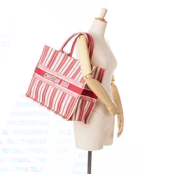Pre-owned Dior Large Striped Book Tote Red