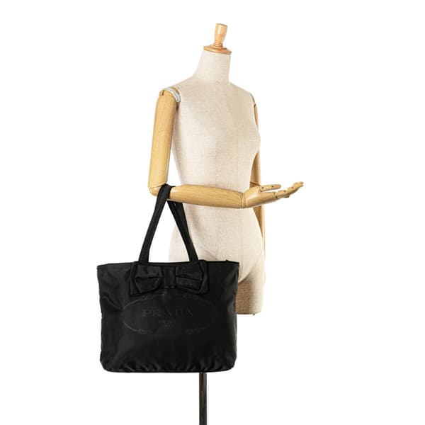 Pre-owned Prada Tessuto Canapa Logo Bow Tote Black