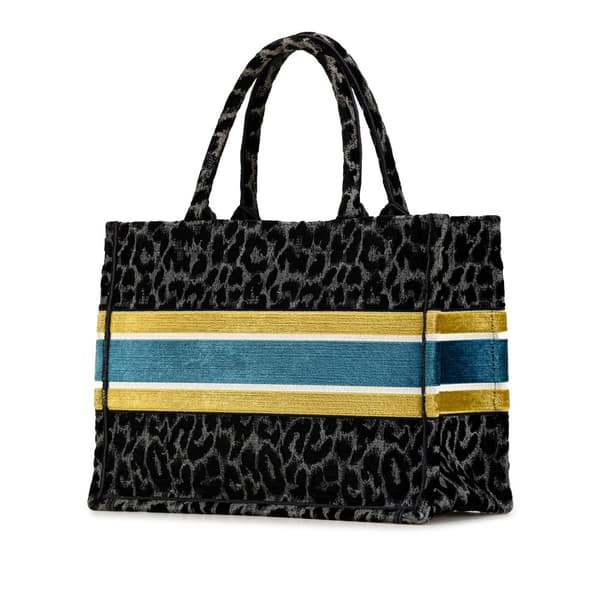 Pre-owned Dior Mizza Medium Embroidered Canvas Leopard Book Tote Black