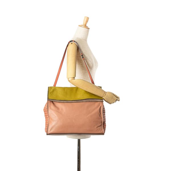 Pre-owned Bottega Veneta Leather Intrecciato-Trim Palio Fold Over Tote Pink