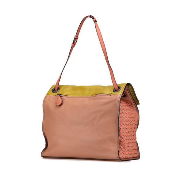 Pre-owned Bottega Veneta Leather Intrecciato-Trim Palio Fold Over Tote Pink