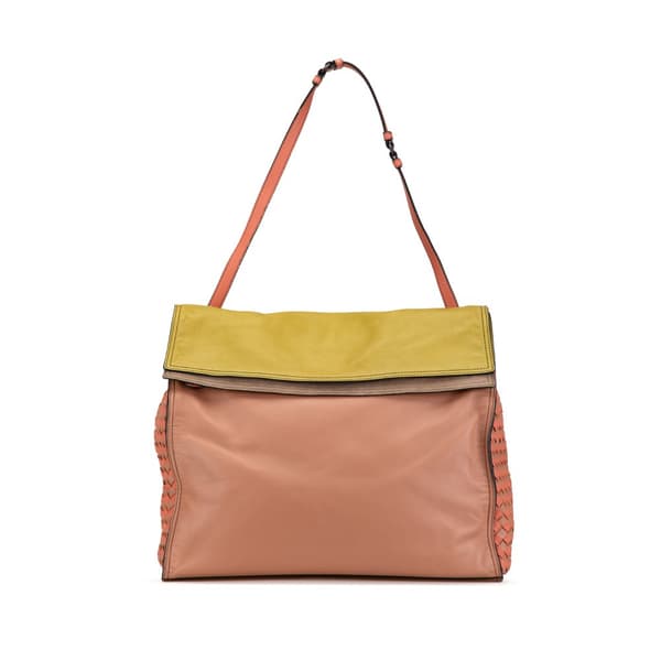 Pre-owned Bottega Veneta Leather Intrecciato-Trim Palio Fold Over Tote Pink