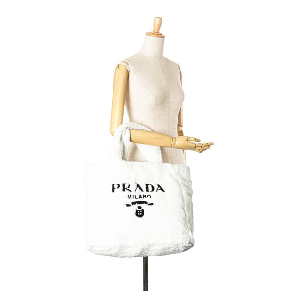 Pre-owned Prada Spugna Terry Cloth Logo Tote White