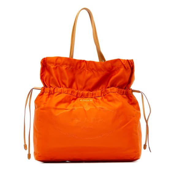 Pre-owned Prada Tessuto Logo Drawstring Tote Orange