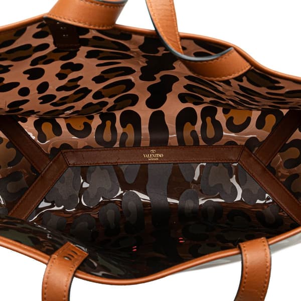 Pre-owned Valentino Small PVC Leopard Print Rockstud Shopping Tote Brown