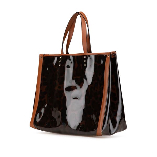 Pre-owned Valentino Small PVC Leopard Print Rockstud Shopping Tote Brown
