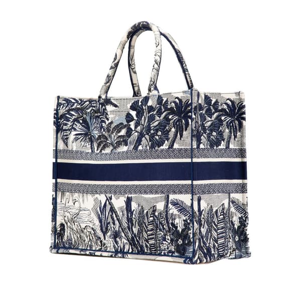 Pre-owned Dior Large Canvas Embroidered Palm Tree Toile De Jouy Book Tote Blue