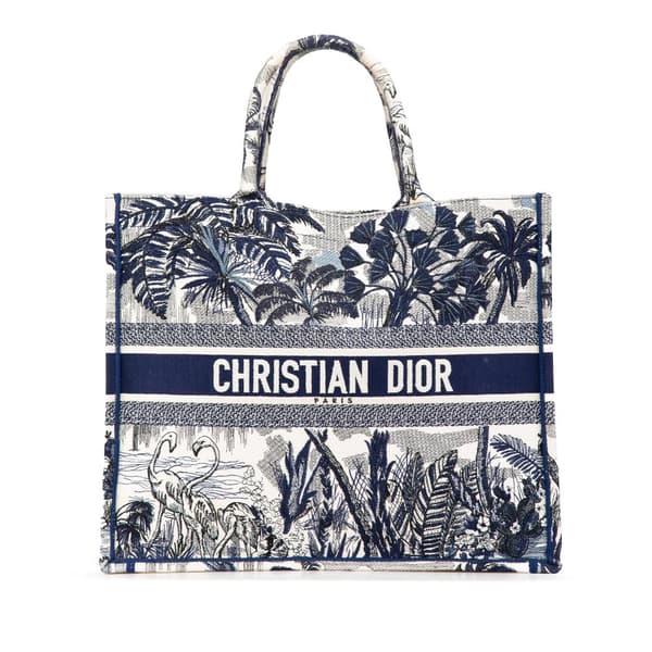 Pre-owned Dior Large Canvas Embroidered Palm Tree Toile De Jouy Book Tote Blue