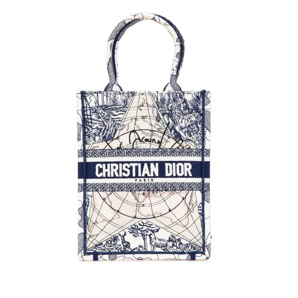 Pre-owned Dior Embroidered Canvas Around The World Vertical Book Tote Blue