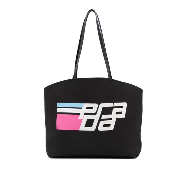 Pre-owned Prada Canapa Racing Logo Shopping Tote Black