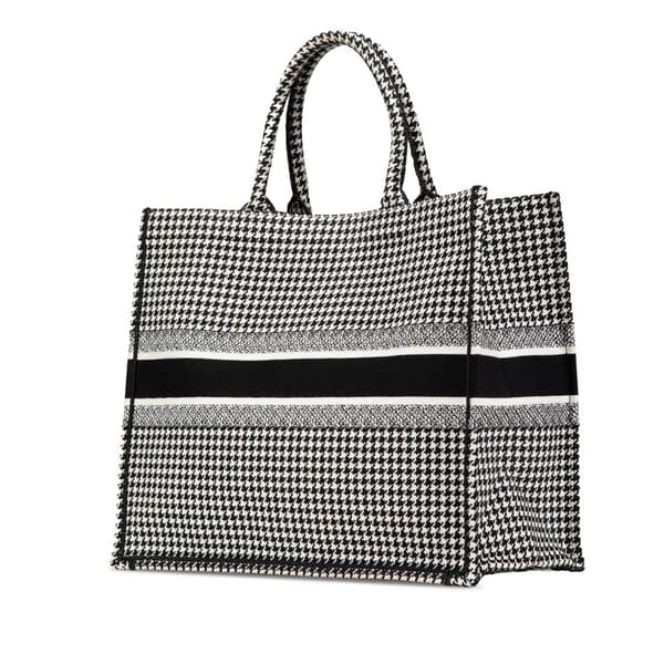 Pre-owned Dior Large Canvas Houndstooth Embroidered Book Tote Black