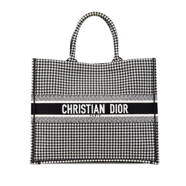 Pre-owned Dior Large Canvas Houndstooth Embroidered Book Tote Black